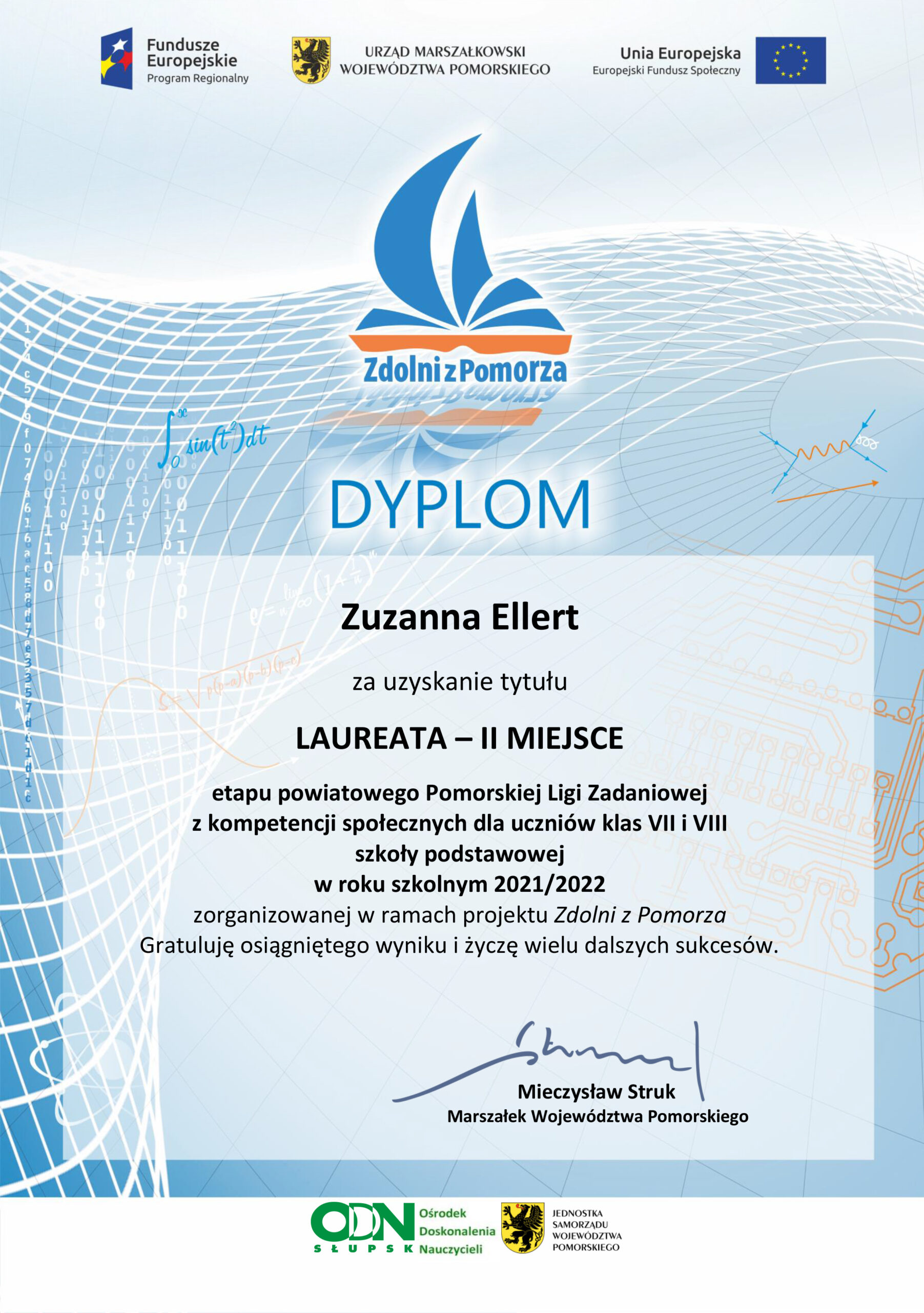 Zuzanna Ellert z kl. VIII – miejsce II z kompetencji społecznych
