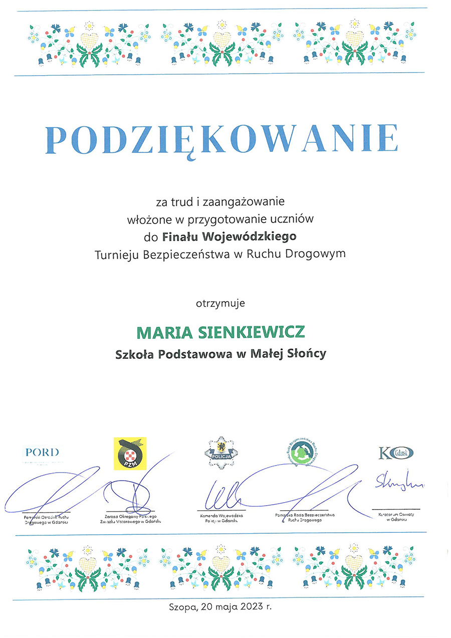 Dyplomy z Finału Wojewódzkiego Turnieju Bezpieczeństwa w Ruchu Drogowym – Szopa